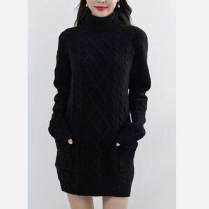 New Turtleneck Sweater Dress Merino Wool Black Medium
